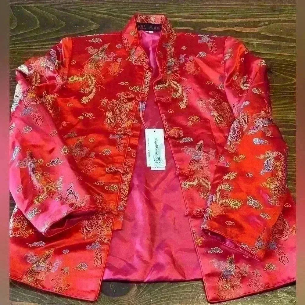 NWT Chinese Embroidered Silk Padded Jacket Red & Black Dragon Women’s Size Small